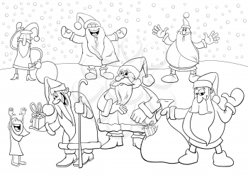 Black and White Cartoon Illustration of Funny Santa Claus Christmas Characters Group Coloring Book