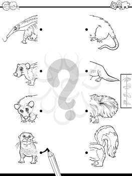 Black and White Cartoon Illustration of Educational Game of Matching Halves of Pictures with Mammal Animals Coloring Book