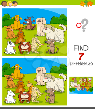 Cartoon Illustration of Finding Seven Differences Between Pictures Educational Game for Children with Dog Characters Group