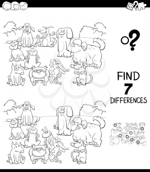 Black and White Cartoon Illustration of Finding Seven Differences Between Pictures Educational Game for Children with Dog Characters Group Coloring Book