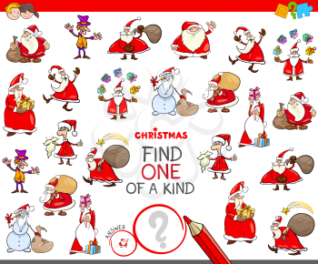 Cartoon Illustration of Find One of a Kind Picture Educational Game for Kids with Santa Claus Christmas Characters