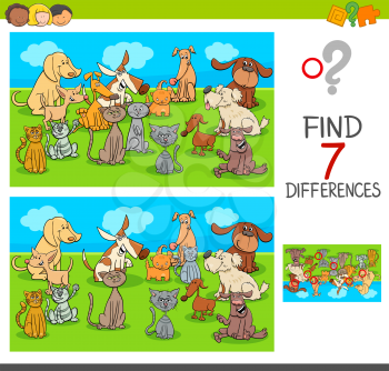 Cartoon Illustration of Finding Seven Differences Between Pictures Educational Game for Children with Pets Animal Characters Group