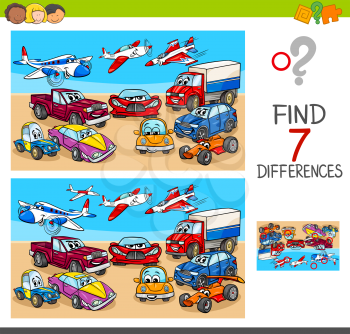 Cartoon Illustration of Finding Seven Differences Between Pictures Educational Game for Children with Transportation Vehicles Characters