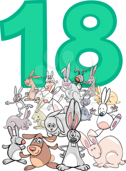 Cartoon Illustration of Number Eighteen and Rabbit Characters Group
