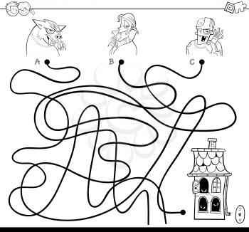 Black and White Cartoon Illustration of Lines Maze Puzzle Game with Halloween Characters Coloring Book