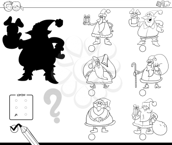 Black and White Cartoon Illustration of Finding the Right Shadow Educational Activity for Children with Santa Claus Characters Coloring Book