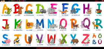 Cartoon Illustration of Educational Colorful German or Deutsch Alphabet Set with Funny Animals