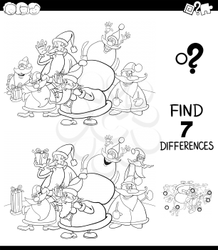 Black and White Cartoon Illustration of Finding Differences Between Pictures Educational Task for Children with Santa Claus Christmas Characters Coloring Book