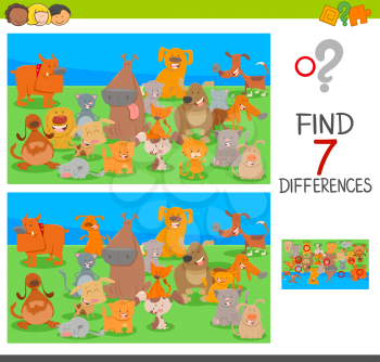 Cartoon Illustration of Finding Seven Differences Between Pictures Educational Game for Children with Dog and Cat Characters