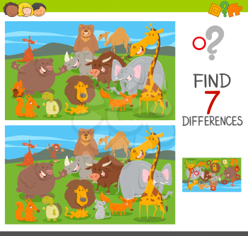 Cartoon Illustration of Finding Seven Differences Between Pictures Educational Puzzle Game for Children with Animal Characters