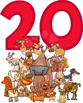Cartoon Illustration of Number Twenty and Dogs Animal Characters Group