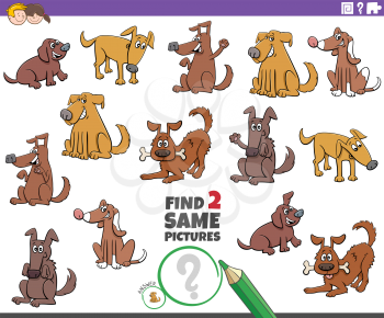 Cartoon Illustration of Finding Two Same Pictures Educational Task for Children with Funny Dogs Animal Characters
