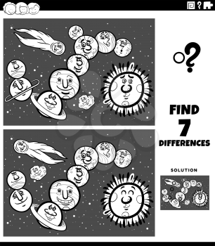 Black and White Cartoon Illustration of Finding Differences Between Pictures Educational Game for Children with Comic Planets and Space Orb Characters Coloring Book Page
