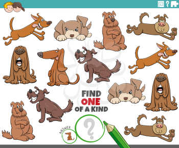 Cartoon illustration of find one of a kind picture educational game with funny dogs animal characters
