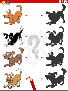 Cartoon Illustration of Match the Right Shadows with Pictures Educational Task for Children with Playful Dogs and Puppies Animal Characters