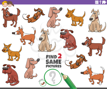 Cartoon Illustration of Finding Two Same Pictures Educational Task for Children with Dogs Animal Characters