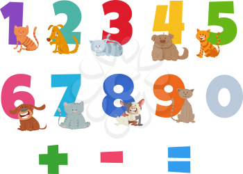 Cartoon Illustration of Numbers Set from One to Nine with Happy Cats and Dogs Animal Characters
