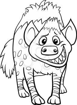 Black and white cartoon illustration of funny hyena wild animal character coloring book page