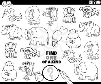 Black and White Cartoon Illustration of Find One of a Kind Picture Educational Game with Wild Animal Characters Coloring Book Page