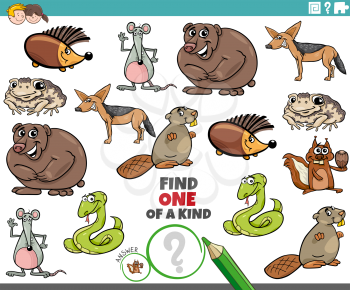 Cartoon Illustration of Find One of a Kind Picture Educational Game with Funny Wild Animal Characters