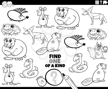 Black and White Cartoon Illustration of Find One of a Kind Picture Educational Game with Funny Wild Animal Characters Coloring Book Page