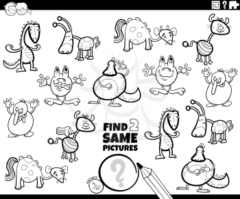 Black and White Cartoon Illustration of Finding Two Same Pictures Educational Game for Children with Funny Fantasy Characters Coloring Book Page
