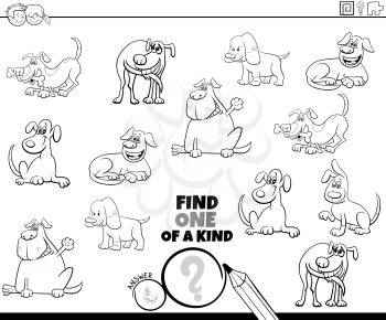 Black and White Cartoon Illustration of Find One of a Kind Picture Educational Game with Funny Dogs and Puppies Animal Characters Coloring Book Page