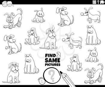 Black and White Cartoon Illustration of Finding Two Same Pictures Educational Game for Children with Dogs and Puppies Animal Characters Coloring Book Page
