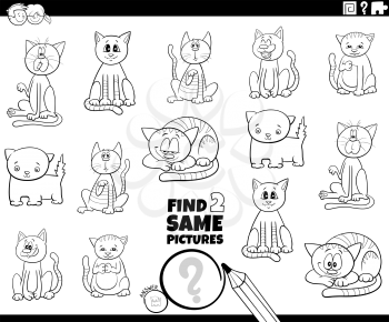 Black and White Cartoon Illustration of Find Two Same Pictures Educational Task for Children with Cats and Kittens Animal Characters Coloring Book Page