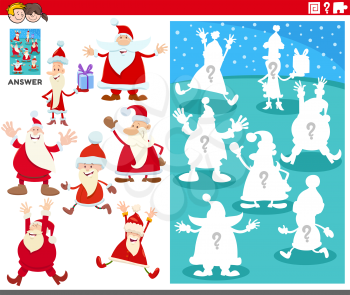 Cartoon illustration of match characters and the right shape or Silhouette with Santa Claus educational game for children