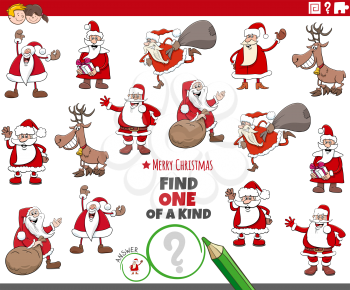 Cartoon illustration of find one of a kind picture educational game with comic Christmas characters