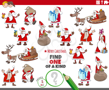 Cartoon illustration of find one of a kind picture educational game with Santa Claus Christmas characters