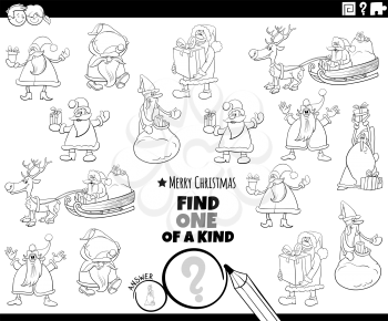 Black and white cartoon illustration of find one of a kind picture educational game with Santa Claus Christmas characters coloring book page