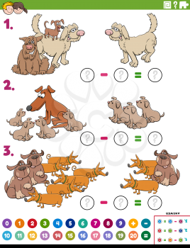 Cartoon illustration of educational mathematical subtraction puzzle task for children with dog characters