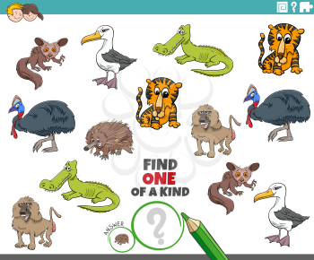 Cartoon Illustration of Find One of a Kind Picture Educational Game with Comic Wild Animal Characters