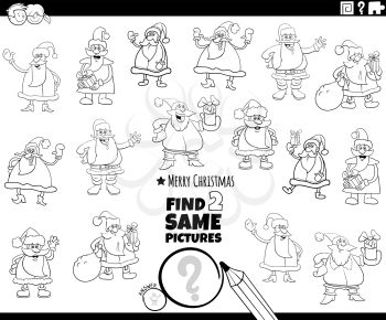 Black and white cartoon illustration of finding two same pictures educational game with Santa Claus characters on Christmas time coloring book page
