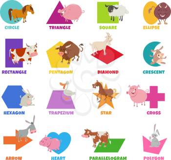 Educational Cartoon Illustration of Basic Geometric Shapes with Captions and Farm Animal Characters for Preschool and Elementary Age Children
