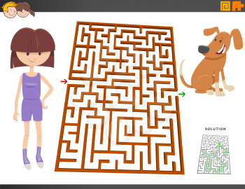 Cartoon Illustration of Educational Maze Puzzle Game for Children with Girl and Puppy Dog Animal Character