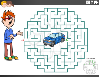 Cartoon Illustration of Educational Maze Puzzle Game for Children with Boy Character and Toy Car
