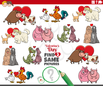 Cartoon illustration of finding two same pictures educational game with animal couples at Valentines day