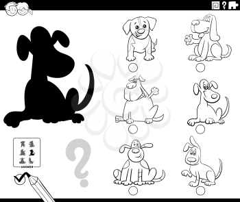 Black and White Cartoon Illustration of Finding the Right Picture to the Shadow Educational Game for Children with Cute Dogs Animal Characters Coloring Book Page