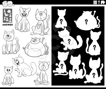 Black and White Cartoon Illustration of Match Objects and the Right Shape or Silhouette with Cats Animal Characters Educational Game for Children Coloring Book Page