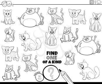 Black and White Cartoon Illustration of Find One of a Kind Picture Educational Game with Comic Cats and Kittens Animal Characters Coloring Book Page