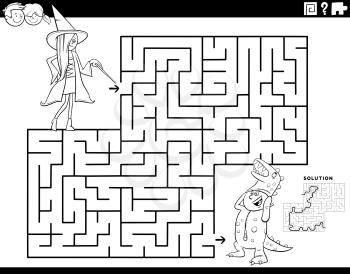 Black and white cartoon illustration of educational maze puzzle game for children with girl and boy at costume party coloring book page