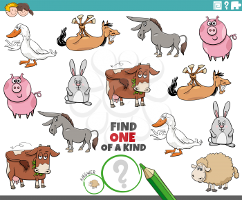 Cartoon Illustration of Find One of a Kind Picture Educational Game with Comic Farm Animal Characters