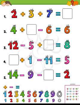 Cartoon Illustration of Educational Mathematical Calculation Worksheet for Children