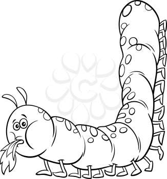 Black and white cartoon illustration of caterpillar insect animal character coloring book page
