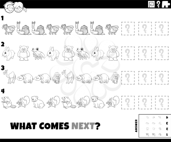 Black and white cartoon illustration of completing the pattern educational game for children with funny animal characters coloring book page