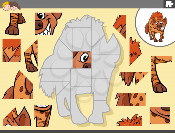 Cartoon illustration of educational jigsaw puzzle game for children with hyena animal character