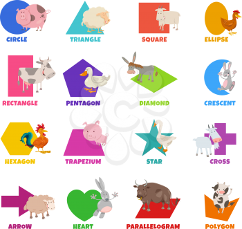 Educational Cartoon Illustration of Geometric Shapes with Captions and Farm Animal Characters for Preschool and Elementary Age Children